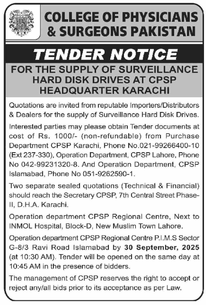 College of Physicians & Surgeons Pakistan Tender Notice 2